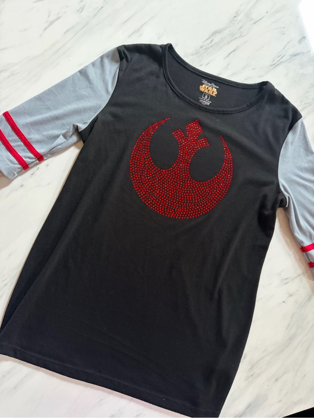 Disney Parks Star Wars Black Tee with Red Rebel Logo and Gray Sleeves